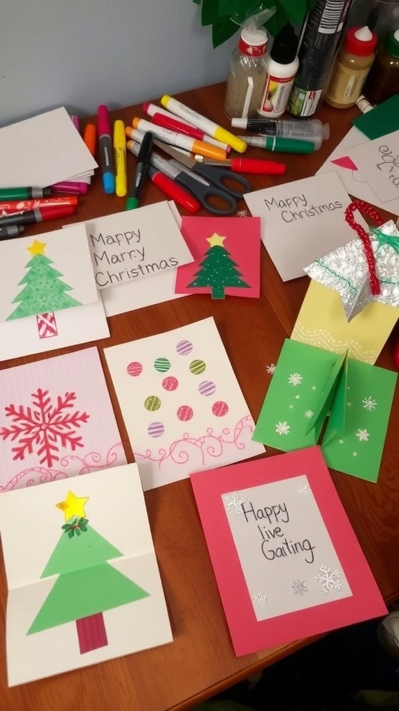 A collection of handmade Christmas cards with pop-up trees and glittery snowflakes, surrounded by crafting supplies.
